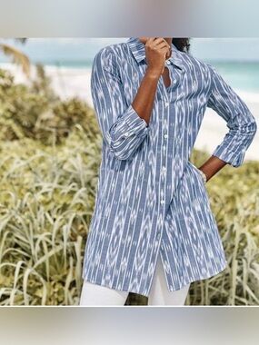 Striped Blue Ikat Button-Down Tunic Shirt